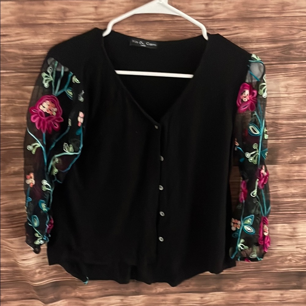 Black and Pink 3/4 Sleeve Embellished Blouse